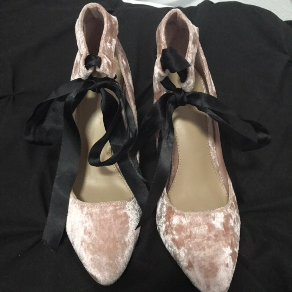 Pink Velvet Heels with Black Ribbon